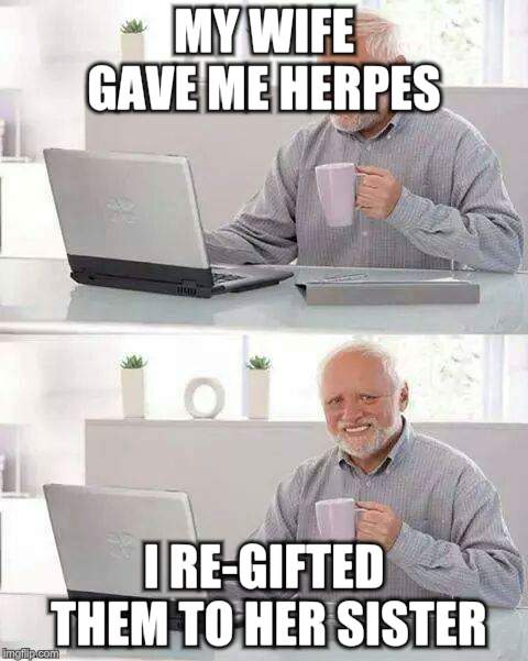 Hide the Pain Harold Meme | MY WIFE GAVE ME HERPES I RE-GIFTED THEM TO HER SISTER | image tagged in memes,hide the pain harold | made w/ Imgflip meme maker