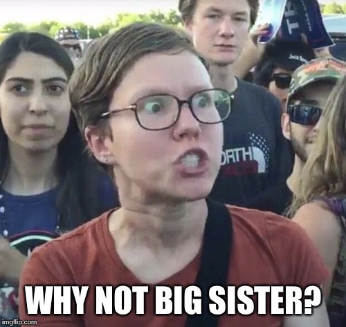 Triggered feminist | WHY NOT BIG SISTER? | image tagged in triggered feminist | made w/ Imgflip meme maker