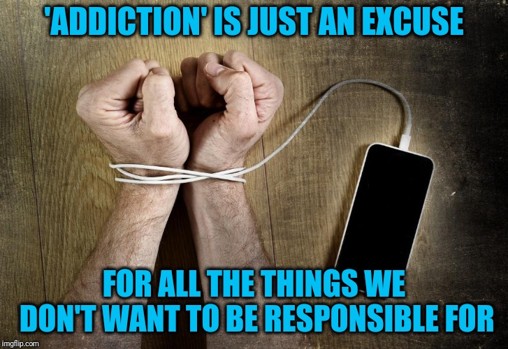 Substance abuse counselors use the term 'chemically dependent' | 'ADDICTION' IS JUST AN EXCUSE; FOR ALL THE THINGS WE DON'T WANT TO BE RESPONSIBLE FOR | image tagged in addiction lie | made w/ Imgflip meme maker