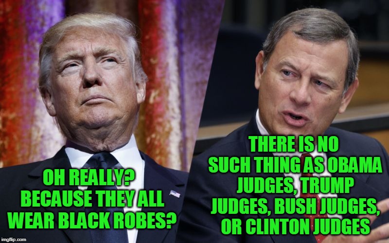 Chief Justice Roberts' Fantasy World | THERE IS NO SUCH THING AS OBAMA JUDGES, TRUMP JUDGES, BUSH JUDGES, OR CLINTON JUDGES; OH REALLY?  BECAUSE THEY ALL WEAR BLACK ROBES? | image tagged in john roberts,president trump,federal judiciary | made w/ Imgflip meme maker