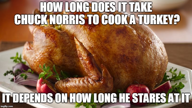 Chuck Norris cook a turkey | HOW LONG DOES IT TAKE CHUCK NORRIS TO COOK A TURKEY? IT DEPENDS ON HOW LONG HE STARES AT IT | image tagged in chuck norris,memes,turkey,thanksgiving | made w/ Imgflip meme maker