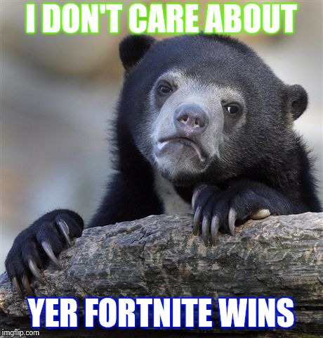 Confession Bear | I DON'T CARE ABOUT; YER FORTNITE WINS | image tagged in memes,confession bear | made w/ Imgflip meme maker