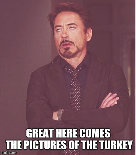 Face You Make Robert Downey Jr | GREAT HERE COMES THE PICTURES OF THE TURKEY | image tagged in memes,face you make robert downey jr | made w/ Imgflip meme maker