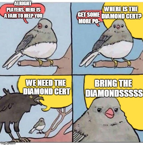 annoyed bird | WHERE IS THE DIAMOND CERT? GET SOME MORE PO-; ALRIGHT PLAYERS, HERE IS A FAIR TO HELP YOU; BRING THE DIAMONDSSSSS; WE NEED THE DIAMOND CERT | image tagged in annoyed bird | made w/ Imgflip meme maker