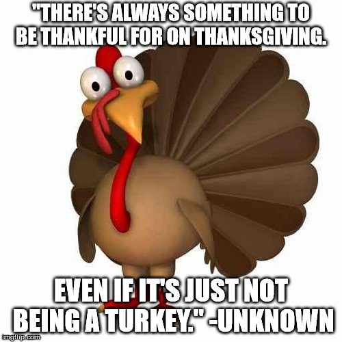 Turkey | "THERE'S ALWAYS SOMETHING TO BE THANKFUL FOR ON THANKSGIVING. EVEN IF IT'S JUST NOT BEING A TURKEY." -UNKNOWN | image tagged in turkey | made w/ Imgflip meme maker