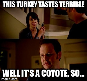 Yuck | THIS TURKEY TASTES TERRIBLE; WELL IT'S A COYOTE, SO... | image tagged in jake from state farm,roadkill | made w/ Imgflip meme maker