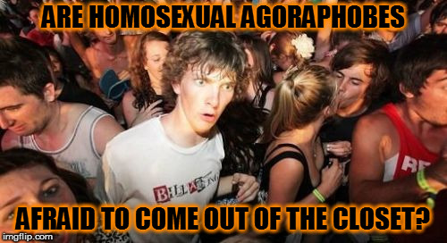 Maybe that's the real reason! | ARE HOMOSEXUAL AGORAPHOBES; AFRAID TO COME OUT OF THE CLOSET? | image tagged in memes,sudden clarity clarence,agoraphobia | made w/ Imgflip meme maker