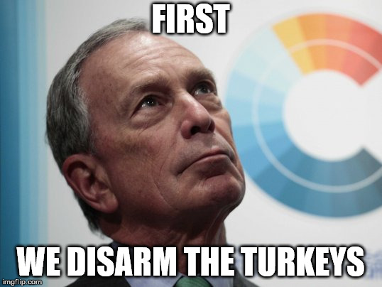 BloombergSucks | FIRST; WE DISARM THE TURKEYS | image tagged in bloombergsucks | made w/ Imgflip meme maker