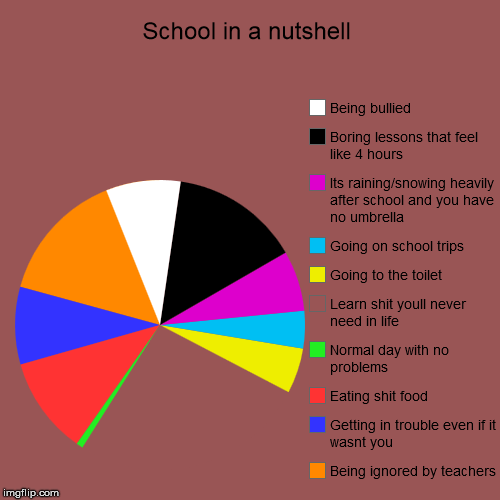 School in a nutshell | Being ignored by teachers, Getting in trouble even if it wasnt you, Eating shit food, Normal day with no problems, Le | image tagged in funny,pie charts | made w/ Imgflip chart maker