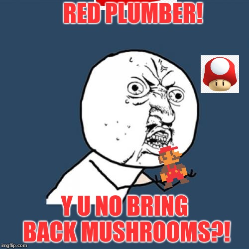 Y U NO MARIO?! | RED PLUMBER! Y U NO BRING BACK MUSHROOMS?! | image tagged in memes,y u no,super mario,mario,mushrooms,nintendo | made w/ Imgflip meme maker