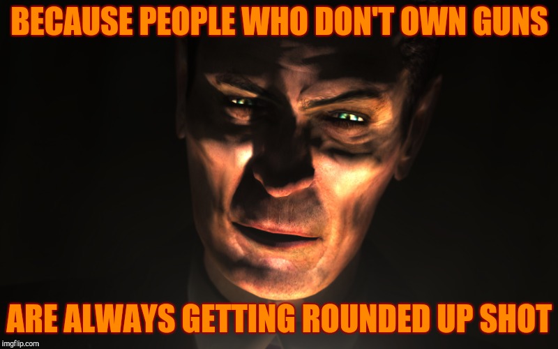 . | BECAUSE PEOPLE WHO DON'T OWN GUNS ARE ALWAYS GETTING ROUNDED UP SHOT | image tagged in g-man from half-life | made w/ Imgflip meme maker