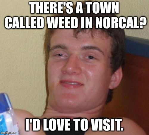 And it's at a 'high' elevation, too. | THERE'S A TOWN CALLED WEED IN NORCAL? I'D LOVE TO VISIT. | image tagged in memes,10 guy,weed,marijuana | made w/ Imgflip meme maker