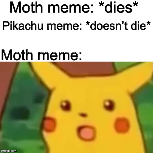 :O | Moth meme: *dies*; Pikachu meme: *doesn’t die*; Moth meme: | image tagged in pika pika,pikachu | made w/ Imgflip meme maker