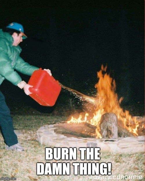 pouring gas on fire | BURN THE DAMN THING! | image tagged in pouring gas on fire | made w/ Imgflip meme maker