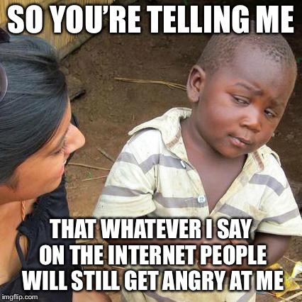 One of the truths of life | SO YOU’RE TELLING ME; THAT WHATEVER I SAY ON THE INTERNET PEOPLE WILL STILL GET ANGRY AT ME | image tagged in memes,third world skeptical kid | made w/ Imgflip meme maker