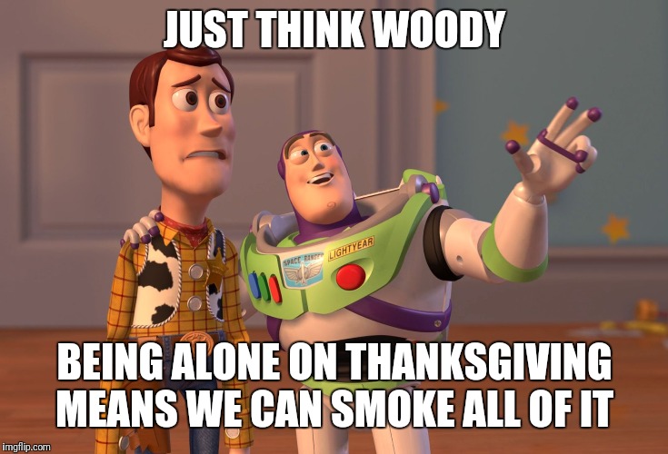 X, X Everywhere | JUST THINK WOODY; BEING ALONE ON THANKSGIVING MEANS WE CAN SMOKE ALL OF IT | image tagged in memes,x x everywhere | made w/ Imgflip meme maker