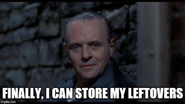 hannibal lecter silence of the lambs | FINALLY, I CAN STORE MY LEFTOVERS | image tagged in hannibal lecter silence of the lambs | made w/ Imgflip meme maker