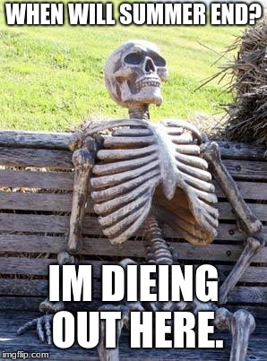 Waiting Skeleton | WHEN WILL SUMMER END? IM DIEING OUT HERE. | image tagged in memes,waiting skeleton | made w/ Imgflip meme maker