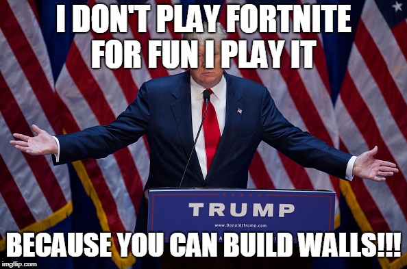 Donald Trump | I DON'T PLAY FORTNITE FOR FUN I PLAY IT; BECAUSE YOU CAN BUILD WALLS!!! | image tagged in donald trump | made w/ Imgflip meme maker