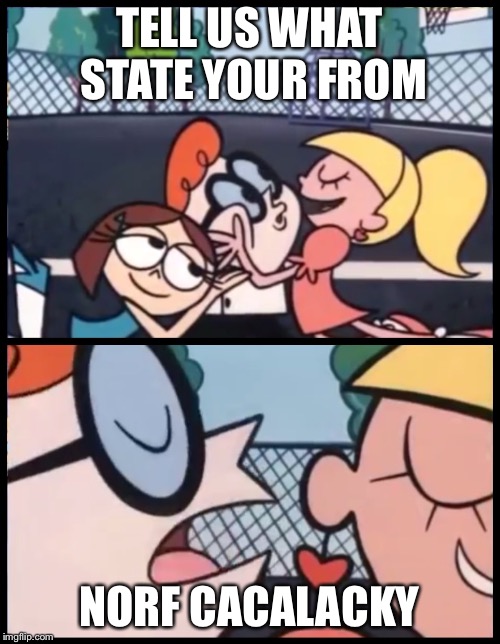 Say it Again, Dexter | TELL US WHAT STATE YOUR FROM; NORF CACALACKY | image tagged in say it again dexter | made w/ Imgflip meme maker