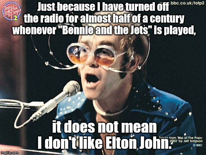 No Bennie | Just because I have turned off the radio for almost half of a century whenever "Bennie and the Jets" is played, it does not mean I don't like Elton John. | image tagged in elton john | made w/ Imgflip meme maker