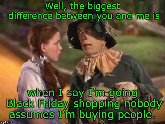 Black, Friday Shopping  | Well, the biggest difference between you and me is; when I say I’m going Black Friday shopping nobody assumes I’m buying people. | image tagged in scarecrow and dorothy | made w/ Imgflip meme maker