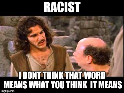 Inigo Montoya | RACIST; I DONT THINK THAT WORD MEANS WHAT YOU THINK  IT MEANS | image tagged in inigo montoya | made w/ Imgflip meme maker