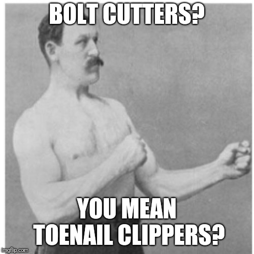 Overly Manly Man Meme | BOLT CUTTERS? YOU MEAN TOENAIL CLIPPERS? | image tagged in memes,overly manly man | made w/ Imgflip meme maker