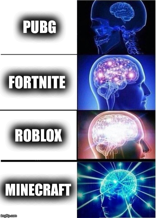 Expanding Brain | PUBG; FORTNITE; ROBLOX; MINECRAFT | image tagged in memes,expanding brain | made w/ Imgflip meme maker