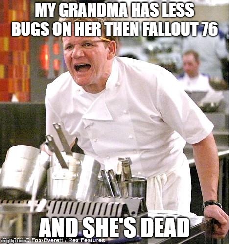 Gordon Ramsay on fallout 76 | MY GRANDMA HAS LESS BUGS ON HER THEN FALLOUT 76; AND SHE'S DEAD | image tagged in memes,chef gordon ramsay,fallout 4,fallout,bethesda | made w/ Imgflip meme maker