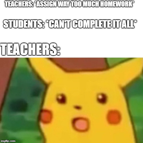 Surprised Pikachu Meme | TEACHERS: *ASSIGN WAY TOO MUCH HOMEWORK*; STUDENTS: *CAN'T COMPLETE IT ALL*; TEACHERS: | image tagged in memes,surprised pikachu,homework,school | made w/ Imgflip meme maker