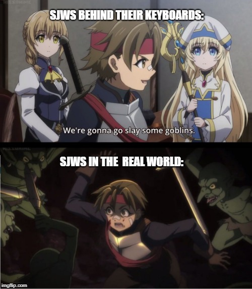 goblin slayer |  SJWS BEHIND THEIR KEYBOARDS:; SJWS IN THE  REAL WORLD: | image tagged in goblin slayer | made w/ Imgflip meme maker