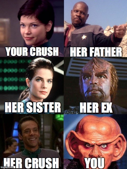 HER FATHER; YOUR CRUSH; HER SISTER; HER EX; YOU; HER CRUSH | image tagged in star trek ds9 | made w/ Imgflip meme maker