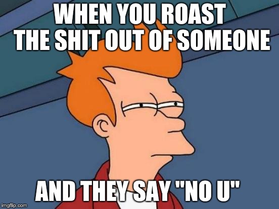 Futurama Fry | WHEN YOU ROAST THE SHIT OUT OF SOMEONE; AND THEY SAY "NO U" | image tagged in memes,futurama fry | made w/ Imgflip meme maker