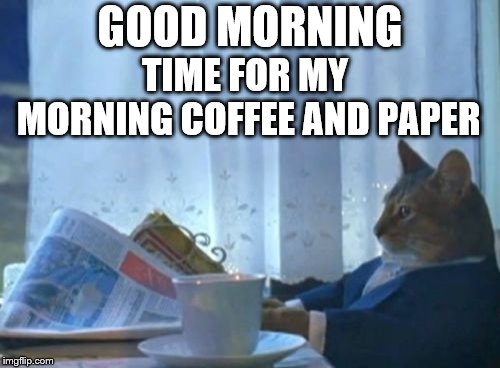 good morning | GOOD MORNING; TIME FOR MY MORNING COFFEE AND PAPER | image tagged in memes,i should buy a boat cat,good morning,coffee,cat,funny | made w/ Imgflip meme maker