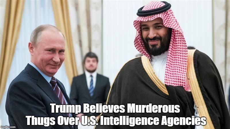 "Trump Believes Murderous Thugs Over U.S. Intelligence Agencies" | Trump Believes Murderous Thugs Over U.S. Intelligence Agencies | image tagged in putin,saudi crown prince salman,trump,deplorable donald,despicable donald,trump's friends are murderous thugs | made w/ Imgflip meme maker