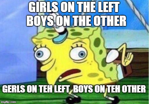 Mocking Spongebob | GIRLS ON THE LEFT  BOYS ON THE OTHER; GERLS ON TEH LEFT  BOYS ON TEH OTHER | image tagged in memes,mocking spongebob | made w/ Imgflip meme maker