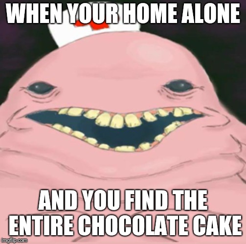 Evil chancey | WHEN YOUR HOME ALONE; AND YOU FIND THE ENTIRE CHOCOLATE CAKE | image tagged in evil chancey | made w/ Imgflip meme maker