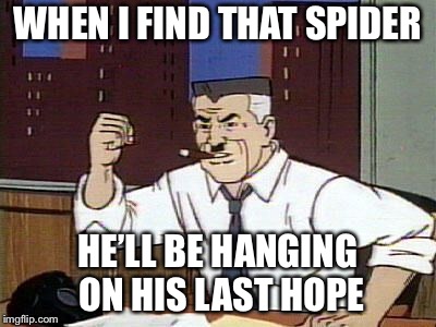 JJ Jameson Cartoon | WHEN I FIND THAT SPIDER; HE’LL BE HANGING ON HIS LAST HOPE | image tagged in jj jameson cartoon | made w/ Imgflip meme maker