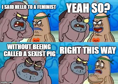 How Tough Are You Meme | YEAH SO? I SAID HELLO TO A FEMINIST; WITHOUT BEEING CALLED A SEXIST PIG; RIGHT THIS WAY | image tagged in memes,how tough are you | made w/ Imgflip meme maker