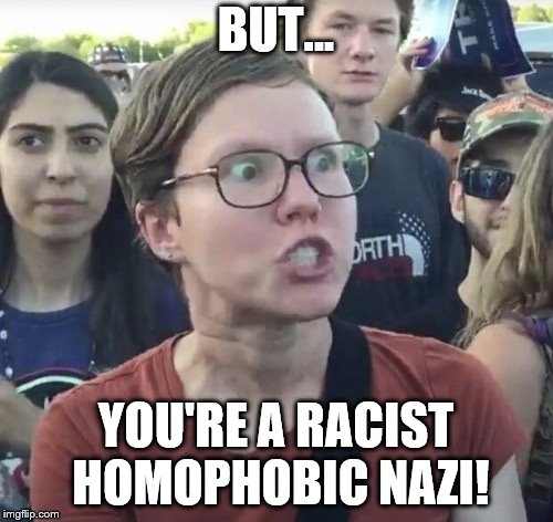 Triggered feminist | BUT... YOU'RE A RACIST HOMOPHOBIC NAZI! | image tagged in triggered feminist | made w/ Imgflip meme maker