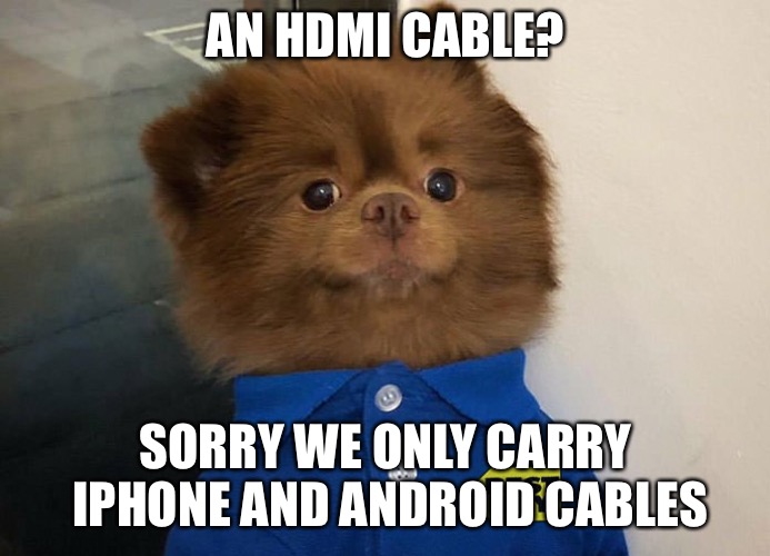 It was the Best Buy of times, it was... | AN HDMI CABLE? SORRY WE ONLY CARRY IPHONE AND ANDROID CABLES | image tagged in best buy dog,memes | made w/ Imgflip meme maker