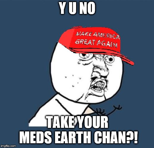 Y U No MAGA Hat | Y U NO TAKE YOUR MEDS EARTH CHAN?! | image tagged in y u no maga hat | made w/ Imgflip meme maker