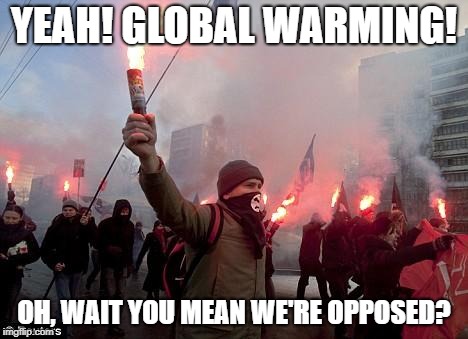 protest | YEAH! GLOBAL WARMING! OH, WAIT YOU MEAN WE'RE OPPOSED? | image tagged in protest | made w/ Imgflip meme maker