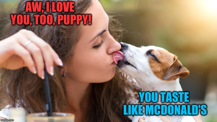 Tasty! | AW, I LOVE YOU, TOO, PUPPY! YOU TASTE LIKE MCDONALD'S | image tagged in dog kisses | made w/ Imgflip meme maker