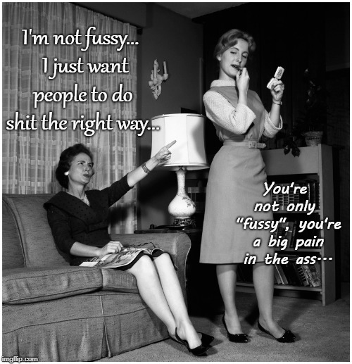 Not fussy... |  I'm not fussy...  I just want people to do shit the right way... You're not only  "fussy", you're a big pain in the ass... | image tagged in fussy,pain in the ass,right way | made w/ Imgflip meme maker