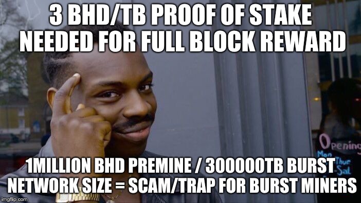 Roll Safe Think About It Meme | 3 BHD/TB PROOF OF STAKE NEEDED FOR FULL BLOCK REWARD; 1MILLION BHD PREMINE / 300000TB BURST NETWORK SIZE = SCAM/TRAP FOR BURST MINERS | image tagged in memes,roll safe think about it | made w/ Imgflip meme maker