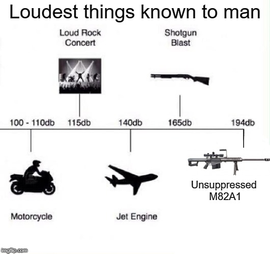 Decibel | Loudest things known to man; Unsuppressed M82A1 | image tagged in decibel | made w/ Imgflip meme maker