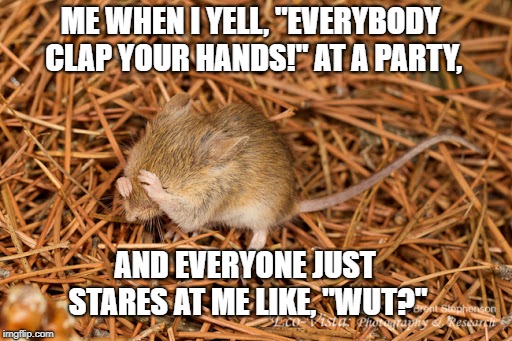 Everybody Clap your Hands | ME WHEN I YELL, "EVERYBODY CLAP YOUR HANDS!" AT A PARTY, AND EVERYONE JUST STARES AT ME LIKE, "WUT?" | image tagged in mouse,embarresed,awkward,everybody,clap,your | made w/ Imgflip meme maker