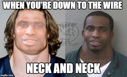 When you dad comes home for the holidays and you talk about the race | WHEN YOU'RE DOWN TO THE WIRE; NECK AND NECK | image tagged in funny,big neck,rofl | made w/ Imgflip meme maker